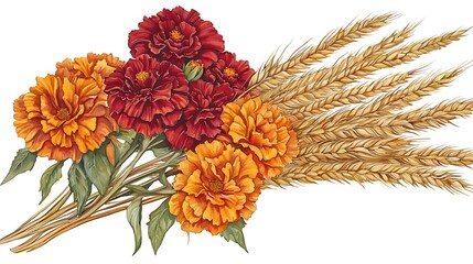 Floral bouquet of vibrant carnations, marigolds, wheat on white, for decoration