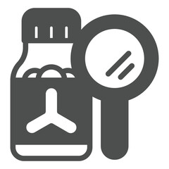 Obraz premium Vial bottle with magnifier solid icon, clinical research concept. Vector graphics. Laboratory experiment test jar sign on white background, glyph style icon for mobile or web design.
