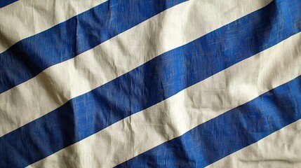 Blue and white striped tarp sheet with wrinkles and folds, for backgrounds and textures