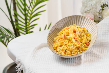 Special Chinese food shrimp fried rice on a simple background