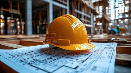 Construction site with yellow hard hat on blueprints, workers in background