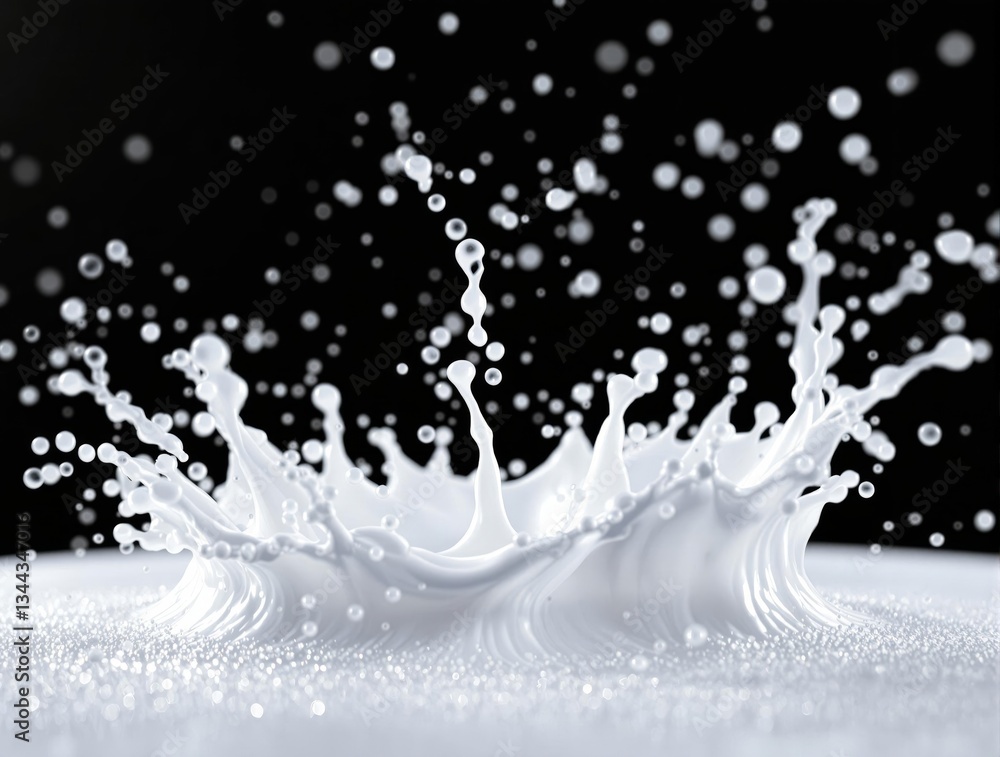 Poster a high-resolution, close-up shot of a white liquid, likely milk, captured in a dynamic pose against 