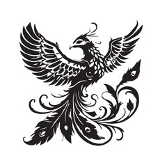 Black and White Ornamental Phoenix Illustration – Majestic and Mythical Vector Design