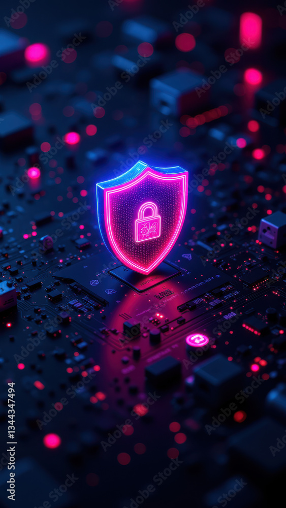 Poster cybersecurity illustration with a neon lock on a network of interconnected devices.