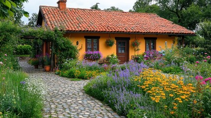 A peaceful rural cottage with Mocha Mousse colored walls and a terracotta roof, colorful wildflowers and a pathway
