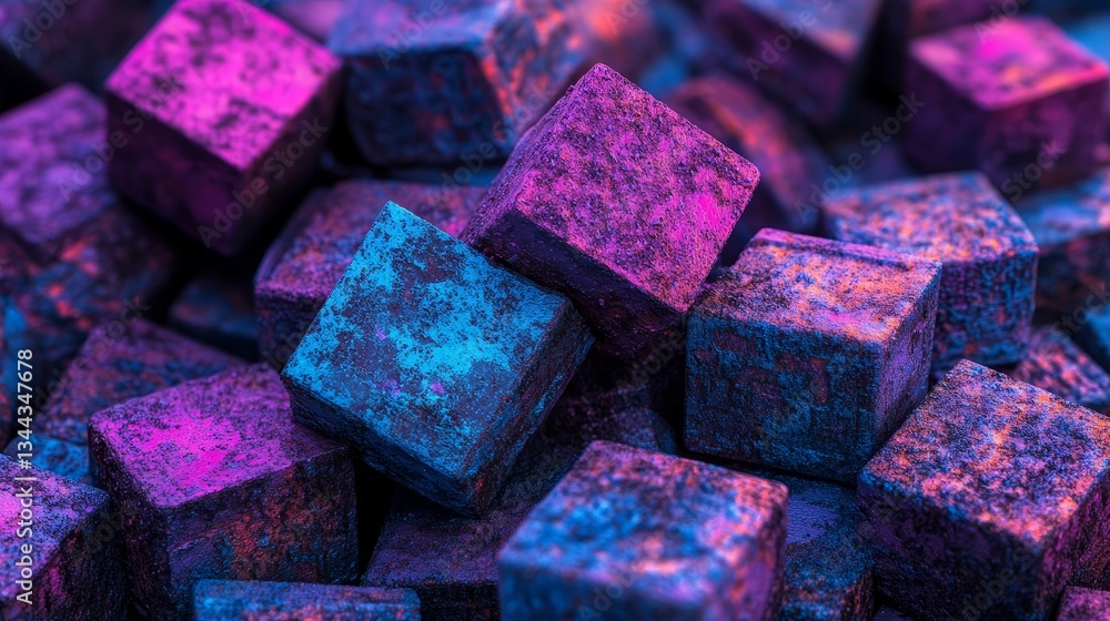 Poster glossy cubes in pink and blue hues are meticulously crafted to form a futuristic tech background in 