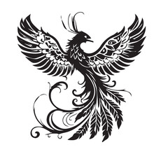 Black and White Stylized Phoenix Illustration – Majestic and Mythical Tribal Vector Design