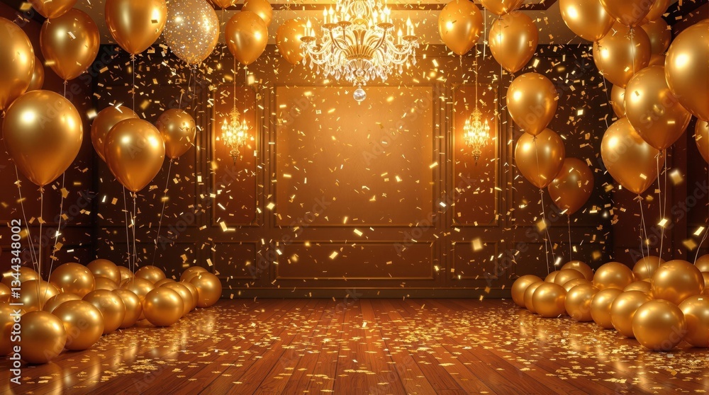 Poster a festive scene with a grand chandelier at the center, surrounded by golden balloons and confetti. t