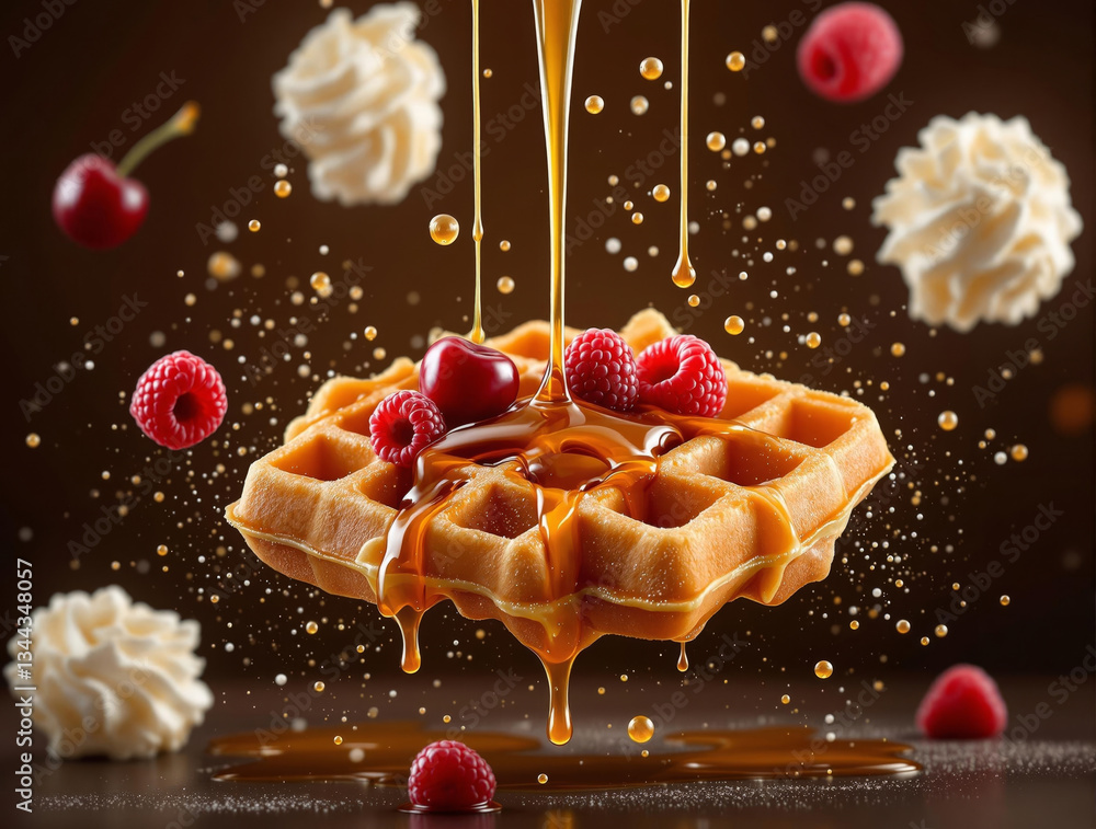 Poster a vibrant and appetizing depiction of a waffle topped with raspberries and whipped cream, with a dri
