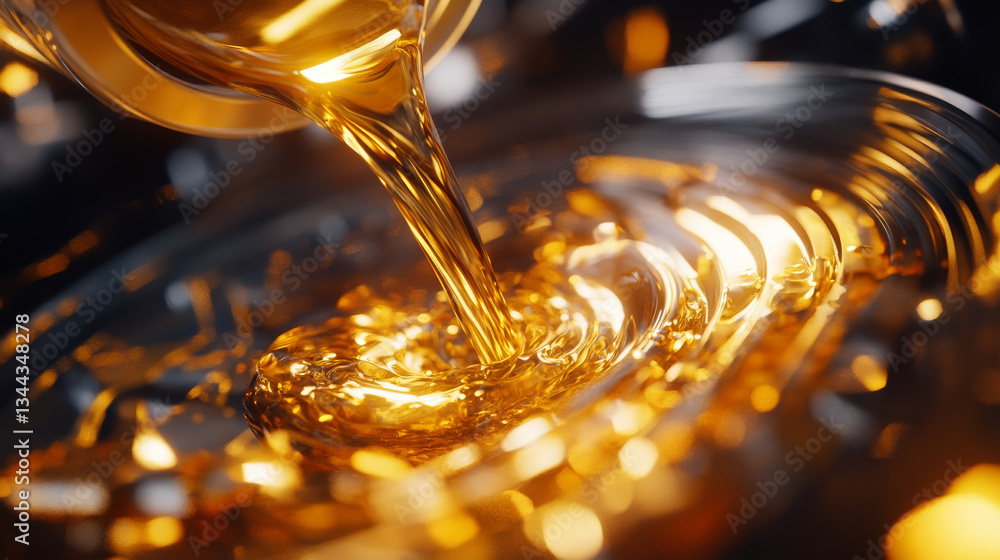 Poster close up view of golden liquid being poured into reflective surface, creating mesmerizing ripples an