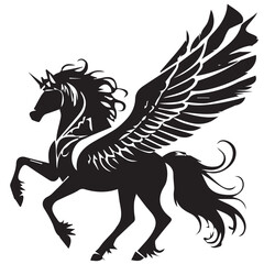 Black and White Stylized Pegasus Unicorn Illustration – Majestic and Fantasy Winged Horse Vector