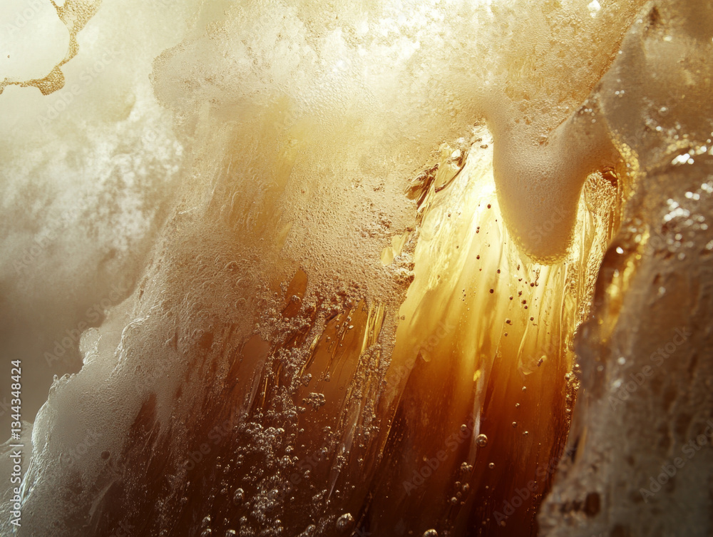 Aufkleber close up view of frothy liquid cascading with bubbles and rich amber hue, creating dynamic and refre
