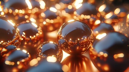 Shiny chrome balls scattered; warm light reflects, ideal for abstract backgrounds