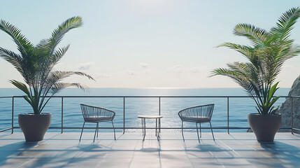 Fototapeta premium Relaxing Seaside Balcony with Comfortable Lounge and Beautiful Ocean View