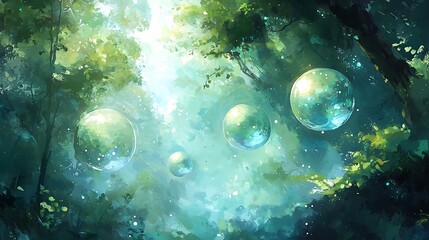 Bubbles float through sunny forest. Fairy tale illustration for children's book