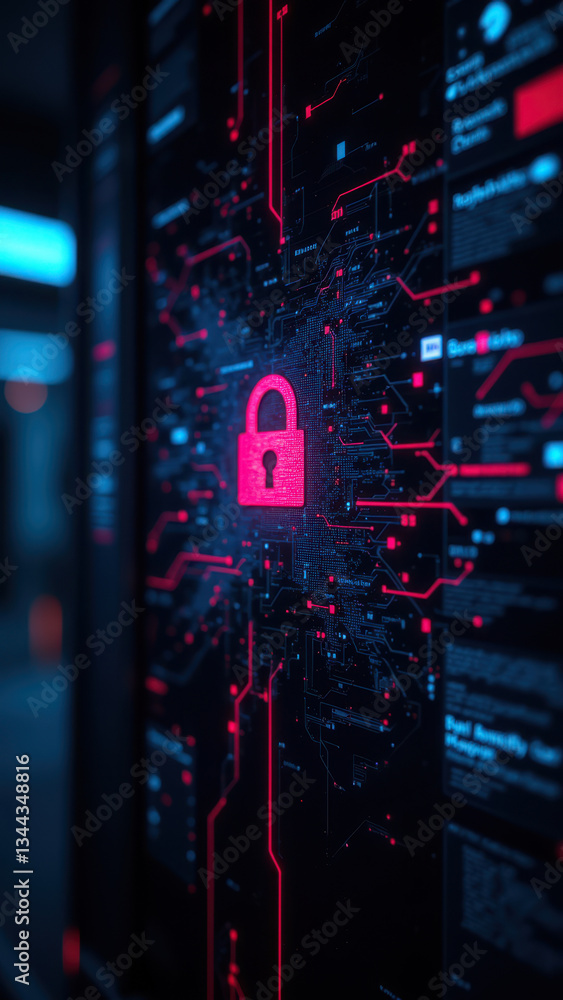 Poster data center server with a digital lock icon highlighting security measures in place.