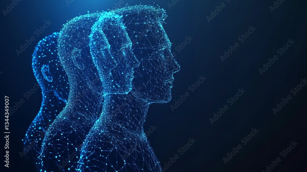 Aufkleber abstract digital human profiles network connection blue art data mesh cyber space nodes lines image