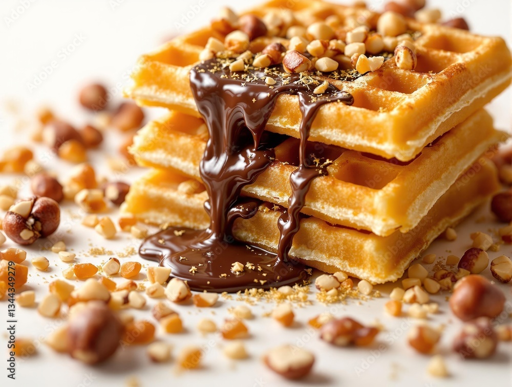 Poster A close-up of a stack of waffles, generously drizzled with chocolate sauce and sprinkled with hazelnuts. The waffles have a golden-brown hue, and the chocolate sauce is a rich, dark brown. The haz