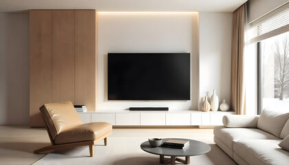A modern living room interior design with white and wooden built-in tv cabinet with armchair.