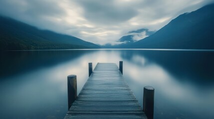 Fototapeta premium Serene Lake and Mountain Reflection: A Tranquil Dawn
