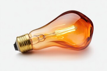 Fototapeta premium Amber-colored light bulb with a glowing filament, resting on a white background.