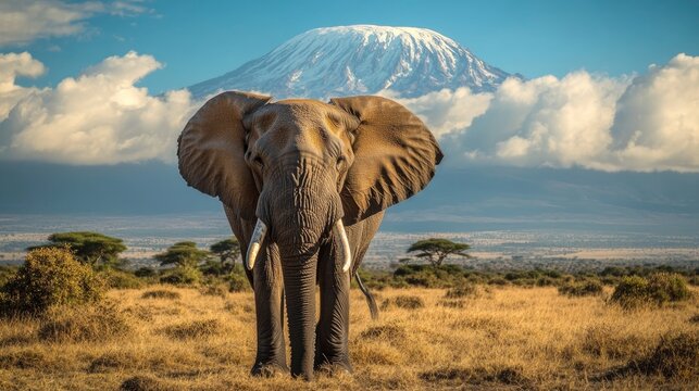 A powerful, high-resolution close-up shot of a majestic African elephant standing in the open plains of Kenya