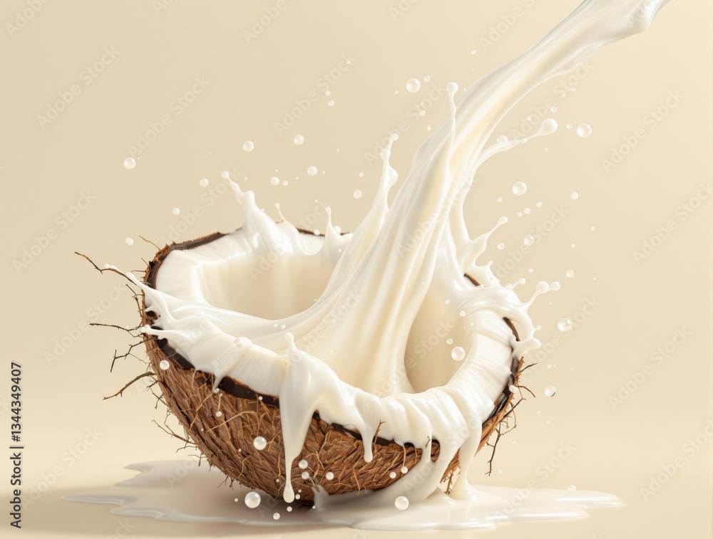Poster a realistic depiction of a coconut, with a splash of white coconut milk, set against a neutral beige
