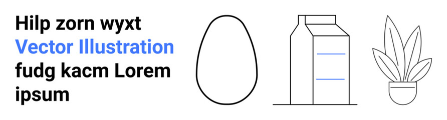 Egg outline, minimalist milk carton, and potted indoor plant in clean line art. Ideal for food packaging, eco-friendly themes, nutrition, simplicity, sustainability, decor flat landing page banner