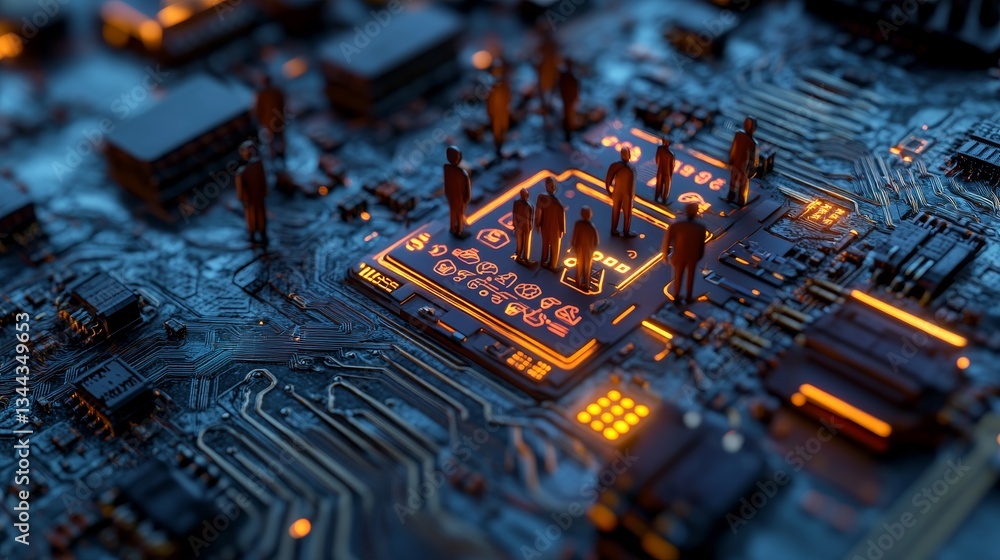 Poster a futuristic motherboard is depicted with a social technology concept, featuring a user symbol on a 