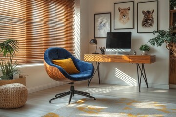 Stylish home office chair, sunlit room, animal art prints, modern workspace