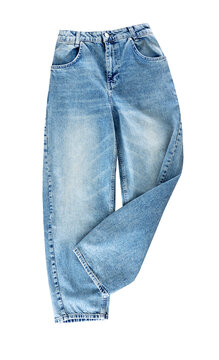 Blue jeans isolated on white, denim wide leg pants cutout.Trendy trousers front view.