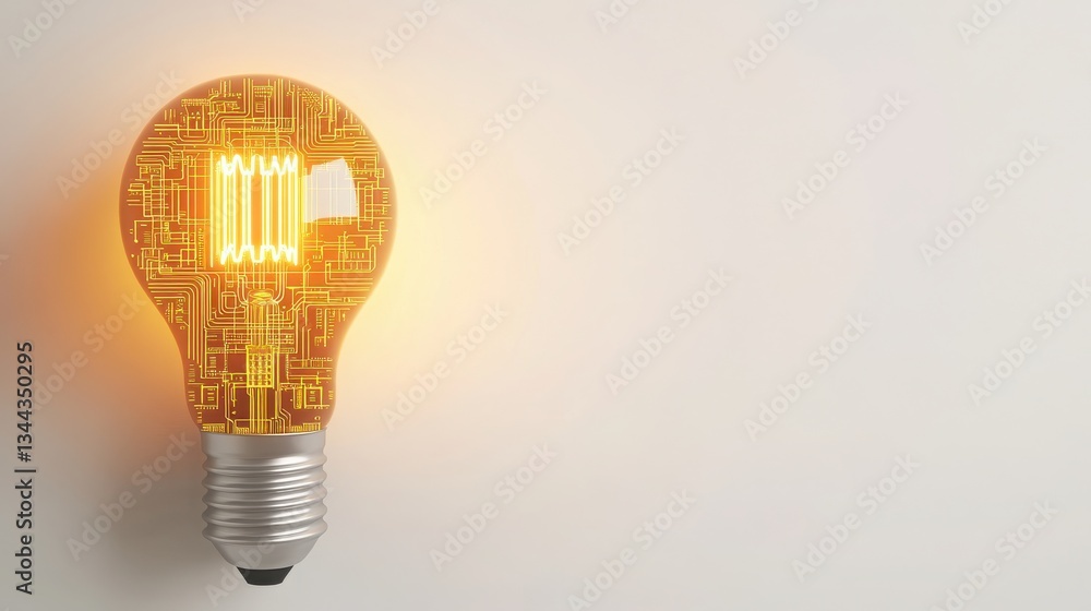 Poster a glowing light bulb filled with intricate circuit patterns, symbolizing innovation and technology.