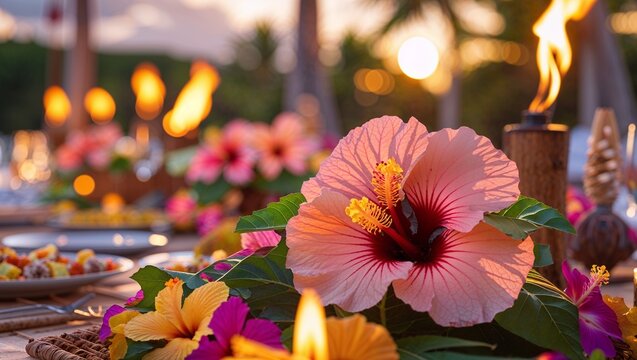 Hibiscus flowers decorating a Hawaiian luau feast, warm sunset light and tiki torches, joyful tropical celebration