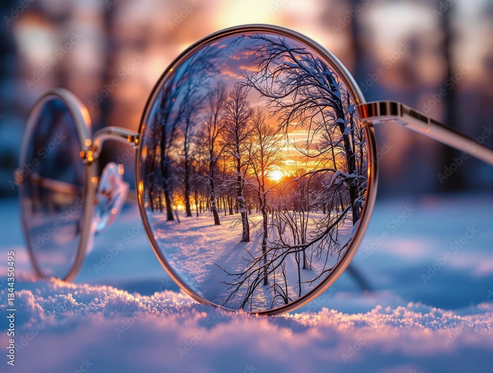 Poster a pair of glasses with a reflective surface, set against a backdrop of a serene winter setting. the 