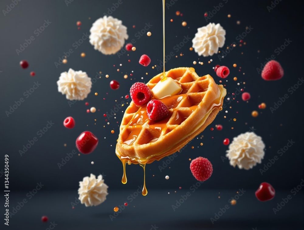 Poster a creative 3d rendering of a heart-shaped waffle adorned with raspberries and whipped cream, suspend