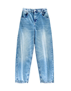 Female male trendy relaxed jeans isolated on white, denim pants cutout.Women's men's urban fashion,nobody.Object.