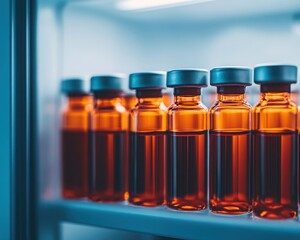 A collection of amber vials stored in a refrigerator, showcasing a sterile environment ideal for preserving contents.
