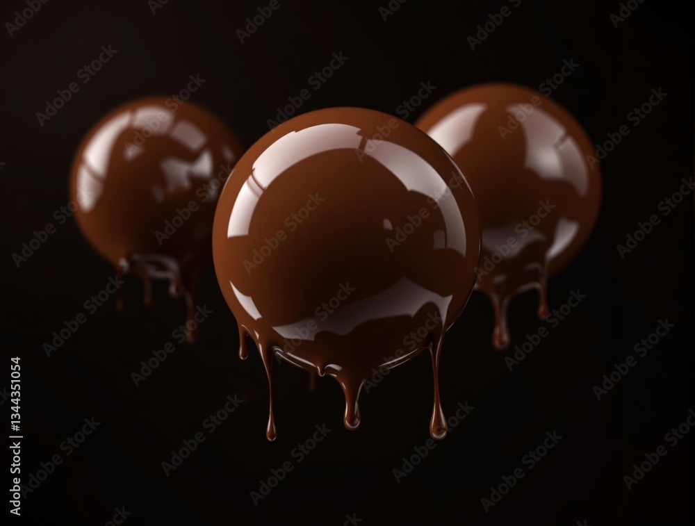 Poster a glossy, three-dimensional rendering of three glossy chocolate balls suspended in mid-air against a
