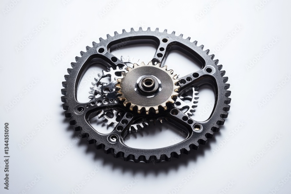 Poster close-up of intricate gear mechanism, showcasing precision engineering and complex interlocked compo