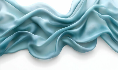 Obraz premium Teal silk fabric waves, white background, elegant drape, textile design