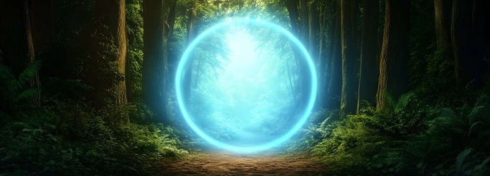 A mystical portal opening in the middle of a dense forest, emitting a glowing blue light