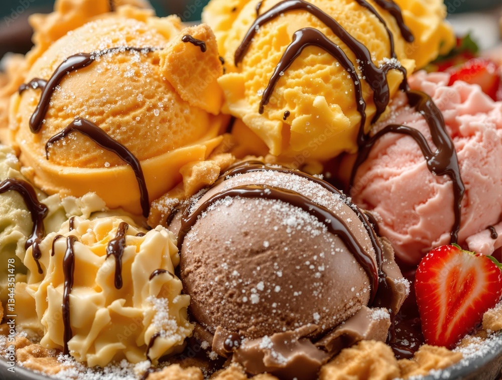Poster a close-up view of a bowl filled with an assortment of ice cream scoops, each drizzled with a chocol