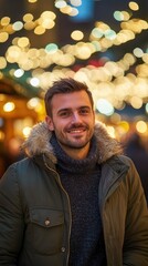 Obraz premium Professional photo of a charismatic man with a twinkle in his eyes, standing in a warmly lit Christmas market