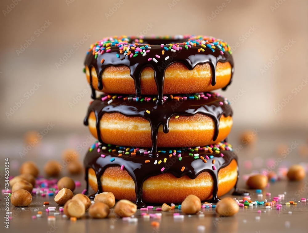 Poster A stack of glazed donuts with a glossy chocolate glaze and colorful sprinkles. The background is slightly blurred, emphasizing the donuts as the main subject.