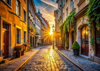 Fototapeta premium Serene Sunrise: Quiet European City Street at Dawn - Stock Photo