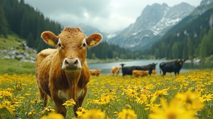 Brown cow in a vibrant flower field near a serene lake surrounded by mountains