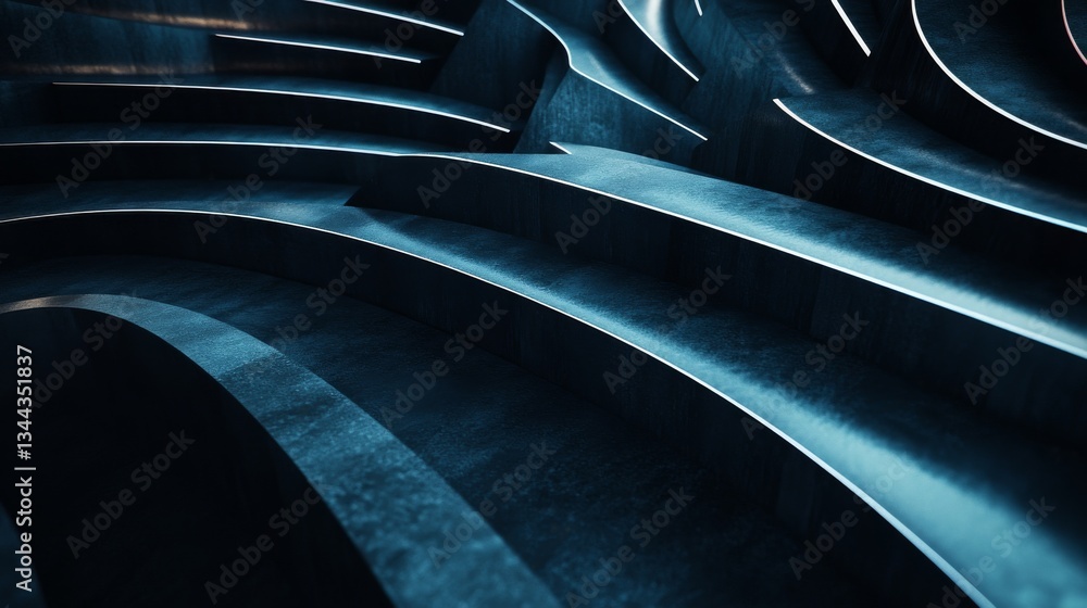 Poster abstract design of smooth curving lines and textures in blue light with depth and contrast