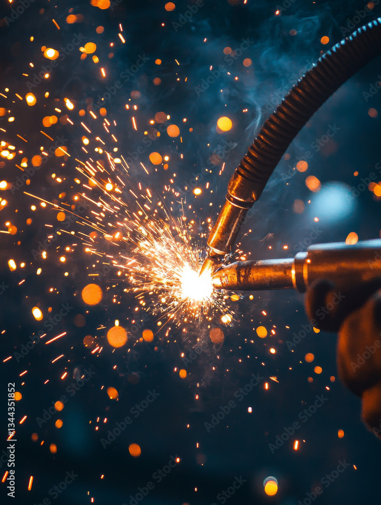Aufkleber capture intense glow of sparks as they fly from welding torch, illuminating dark background with vib