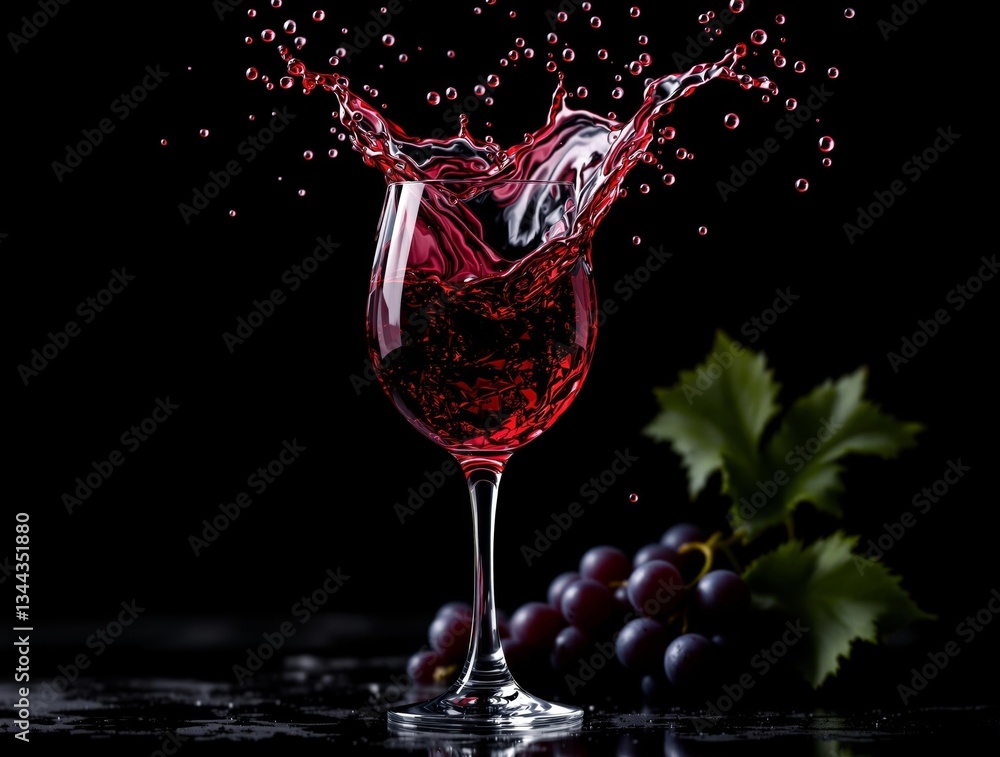 Poster a high-resolution photograph of a glass of red wine, with a splash of the wine and a cluster of grap