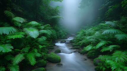 Flowing Stream Through Lush Green Forest with Mist and Ferns